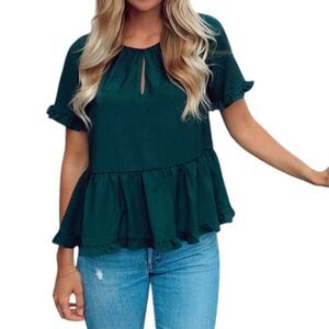 MADEWELL Women's Stanza Ruffle Hem Top Blouse Green Smoky Spruce Sz XS
